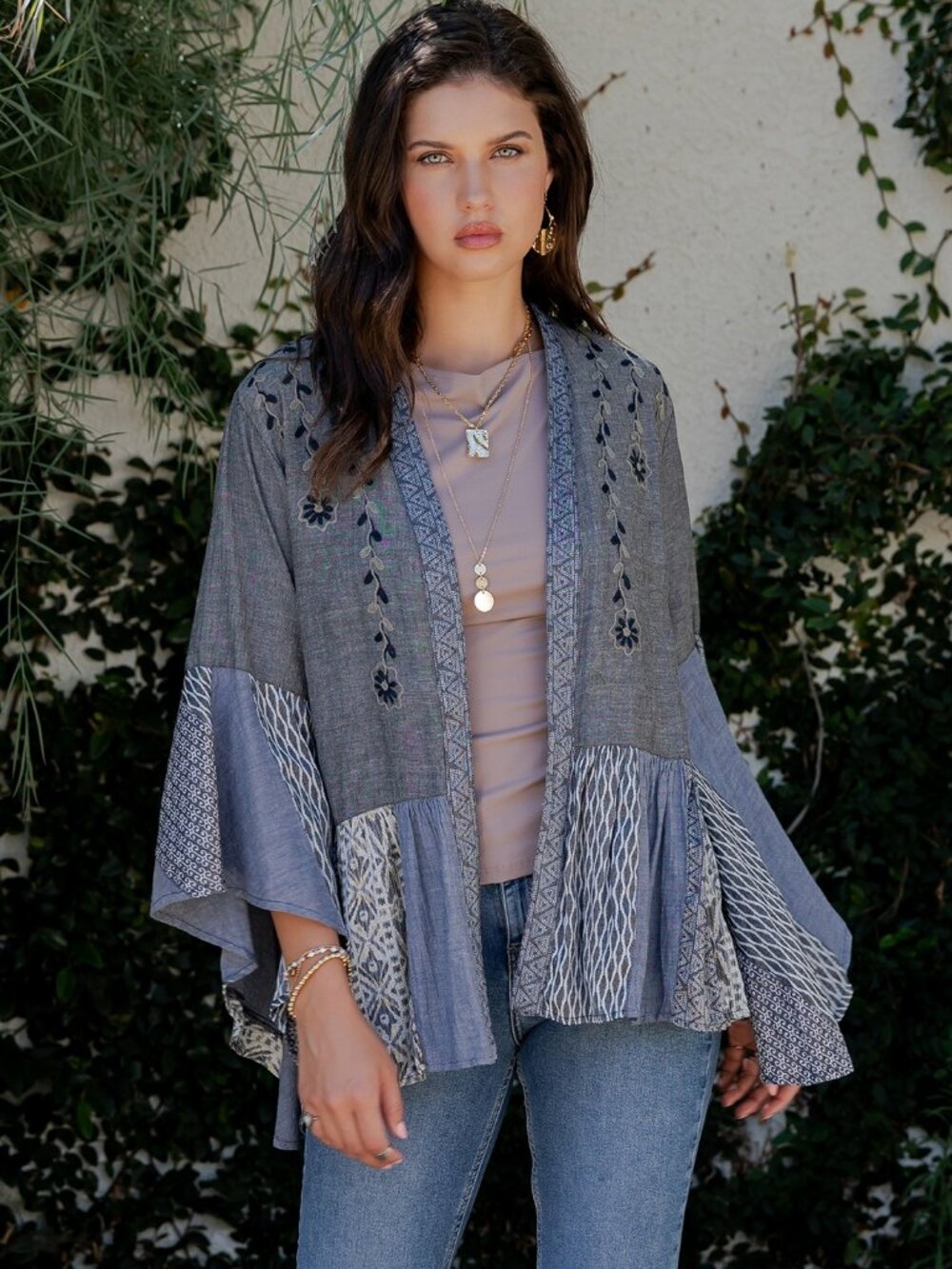 Printed Kimono Shrug With Embroidery